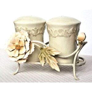 Magnolia Salt and Pepper Shakers Cream Pastel Flowers Leaves Wire Holder NEW